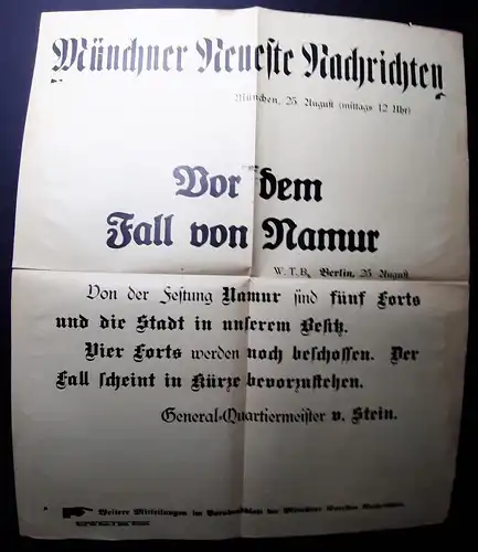 25.8.1914 Plakat (34 x 40 cm) der Münchner Neuste Nachrichten: 