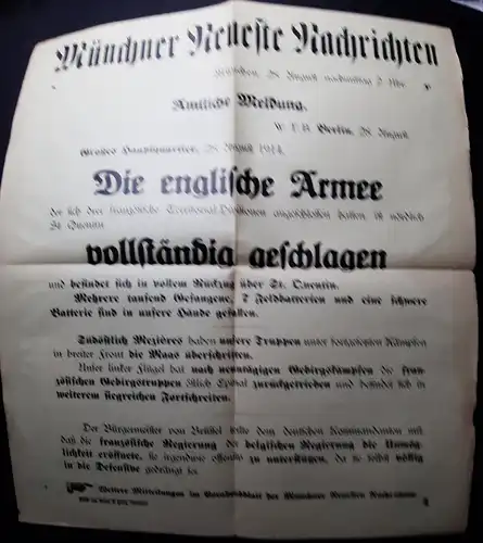 28.8.1914 Plakat (34 x 40 cm) der Münchner Neuste Nachrichten: 