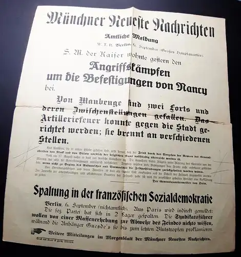6.9.1914 Plakat (34 x 40 cm) der Münchner Neuste Nachrichten: 