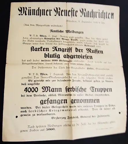 7.9.1914 Plakat (34 x 40 cm) der Münchner Neuste Nachrichten: 