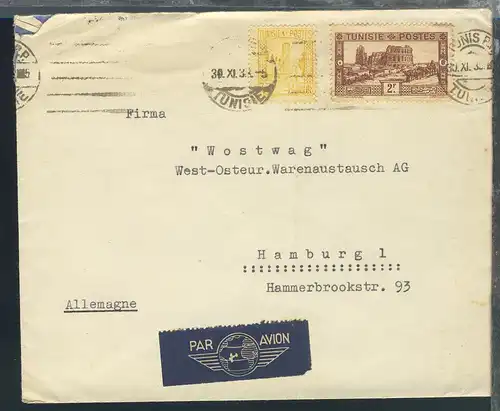 Freimarken 2 Werte auf Luftpost-Brief ab Tunis 30.XI.35 nach Hamburg