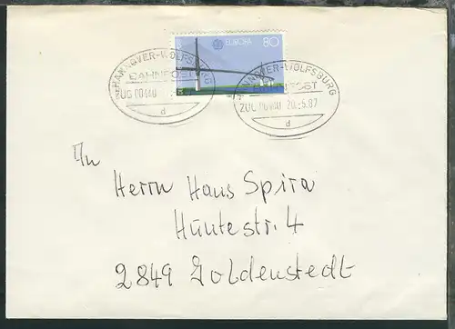 HANNOVER-WOLFSBURG BAHNPOST d ZUG 00440 20.5.87 auf Brief, Brief senkr. Bug