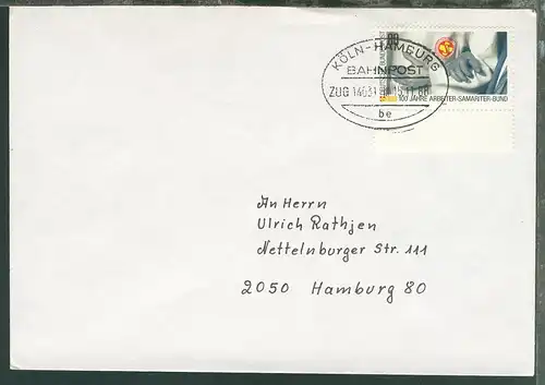 KÖLN-HAMBURG BAHNPOST be ZUG 14031 III 15.11.88 auf Brief