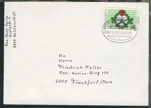 BREMEN-FRANKFURT AM MAIN BAHNPOST c ZUG 02881 20.8.87 auf Brief