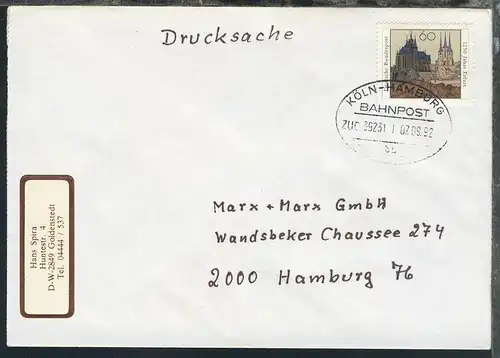 KÖLN-HAMBURG BAHNPOST bb ZUG 39231 07.9.92 auf Brief