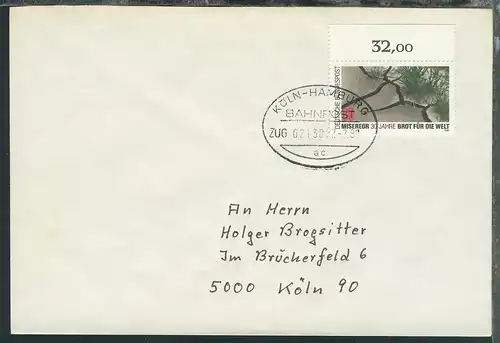 KÖLN-HAMBURG BAHNPOST ac ZUG 02130 27.2.89 auf Brief