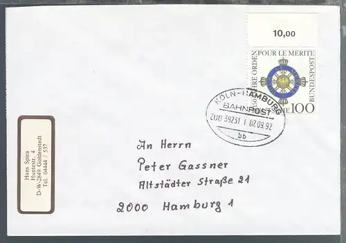KÖLN-HAMBURG BAHNPOST bb ZUG 39231 I 07.09.92 auf Brief