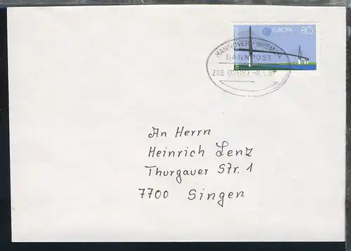 HANNOVER-BREMEN BAHNPOST ZUG 02881 8.5.87 auf Brief