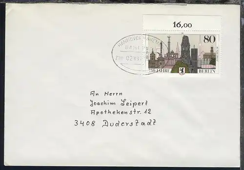 HANNOVER-BREMEN BAHNPOST ZUG 02881 19.?.88 auf Brief