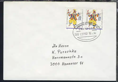 HANNOVER-BREMEN BAHNPOST ZUG 00787 10.4.89 auf Brief