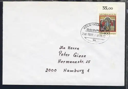 KÖLN-HAMBURG BAHNPOST bb ZUG 39231 I 07.9.92 auf Brief