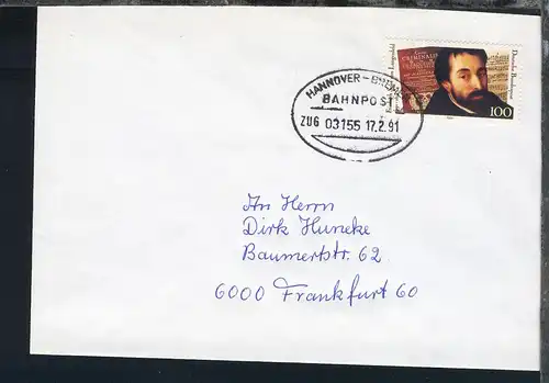HANNOVER-BREMEN BAHNPOST ZUG 03155 17.2.91 auf Brief