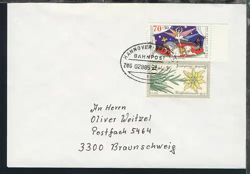 HANNOVER-BREMEN BAHNPOST f ZUG 02885 21.4.89 auf Brief