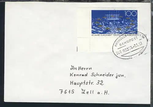 HANNOVER-BREMEN BAHNPOST ZUG 03357 9.5.89 auf Brief