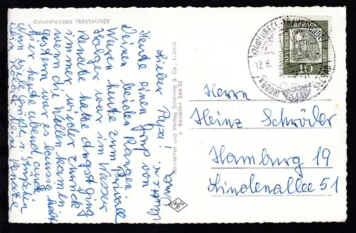 Lübeck Werbestempel (24a) LÜBECK-TRAVEMÜNDE KURORT SEEBAD 17.8.61 auf AK