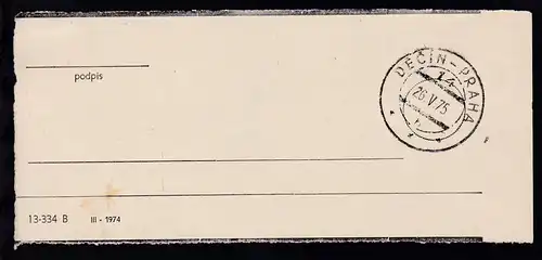CSSR DECIN-PRAHA 14 b 26.V.75 auf Zettel (Briefbund ?)
