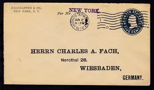 L1 "NEW YORK" auf Brief ab New York JUN 17 1910 nach Wiesbaden