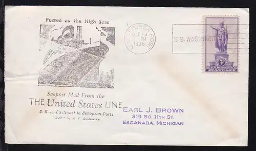 U.S GER. SEA POST OCT 19 1938 S.S. WASHINGTON (Maschinenstempel) + Cachet