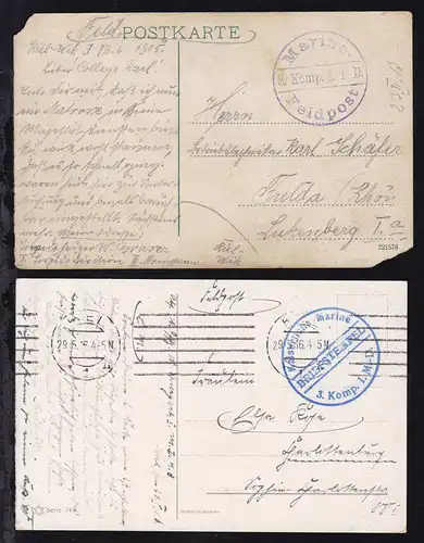 1915/16 2 Belege von Marineeinheiten aus Kiel, 1 Karte 2 Ecken fehlend