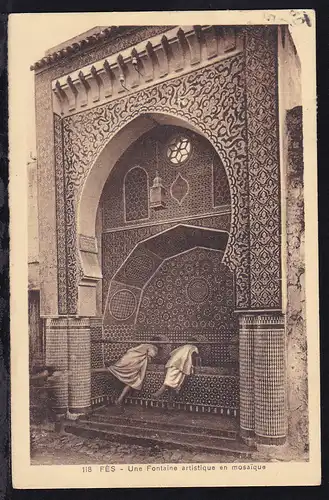 Bauten 90 C. auf AK (Fes Une Fontaine artistique en mosaique) ab Fes 13.8.34 