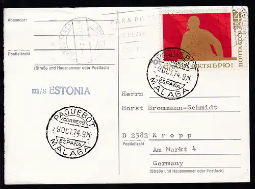 PAQUEBOT MALAGA CORREOS ESPANA  9 OCT 74 + L1 m/s ESTONIA auf Postkarte