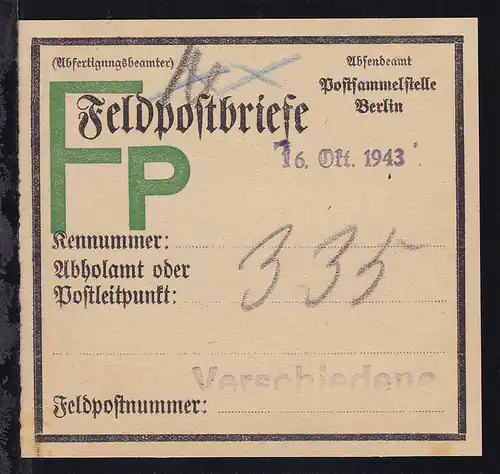 Vorbindezettel für Feldpostbriefe der Postsammelstelle Berlin