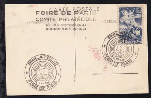 Sonderstempel PHILATELIE FOIRE DE PARIS 13 MAI 48 auf Sonderpostkarte