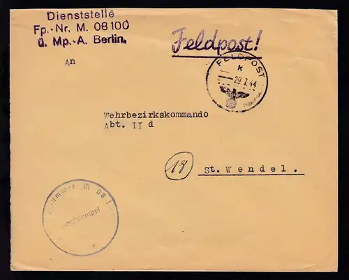 K1 FELDPOST k 29.7.44 + L3 Dienststelle Fp.-Nr. M 08100 ü. Mp.-A. Berlin + K1 
