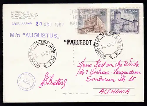 MOTONAVE POST. ITALIANA AUGUSTUS 30.8.1967 + L1 + Bordstempel auf CAK 