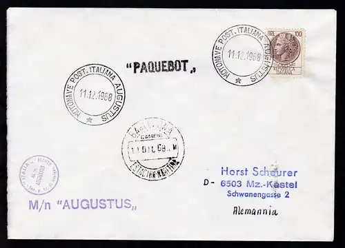 MOTONAVE POST. ITALIANA AUGUSTUS 11.12.1968 + L1 + Bordstempel auf Brief