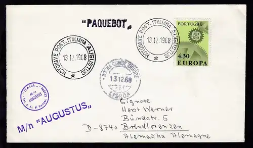 MOTONAVE POST. ITALIANA AUGUSTUS 13.12.1968 + L1 + Bordstempel auf Brief