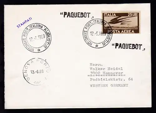 MOTONAVE POST. ITALIANA AUGUSTUS 12.6.1969 + L1 + Bordstempel auf Brief 