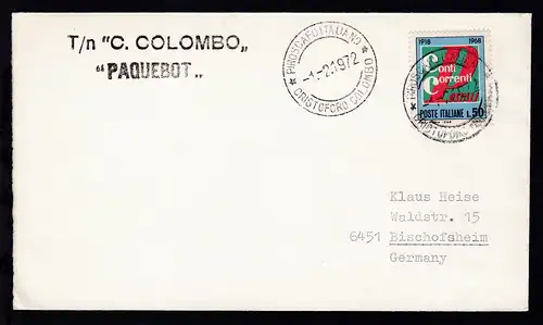 PIROSCAFO ITALIANO CRISTOFORO COLOMBO 1.2.1972 + L1 T/n "C. COLOMBO" auf Brief