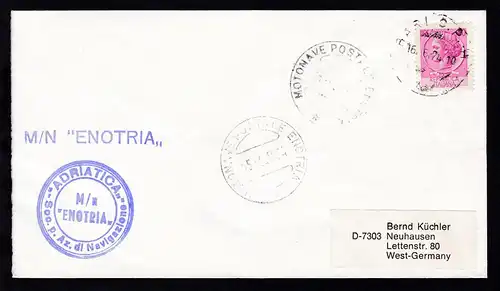 MOTONAVE POSTALE ENOTRIA 15.6.1974 + L1 + Bordstempel auf Brief