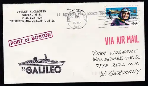 Maschinenstempel Boston 16 SEP 1991 + R1 PORT OF BOSTON + Cachet SS Galileo 