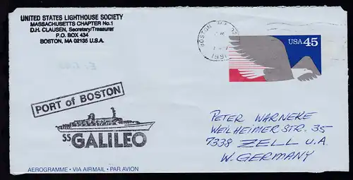 Maschinenstempel Boston 27 NOV 1991 + R1 PORT OF BOSTON + Cachet SS Galileo 