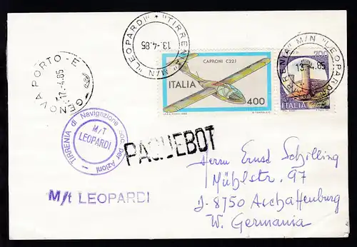 "TIRRENIA" M/N "LEOPARDI" 13.4.85 + L1 + Bordstempel auf Postkarte