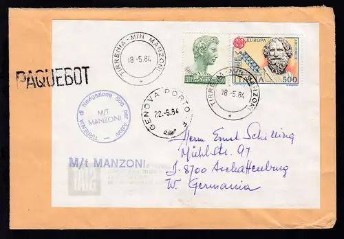 TIRRENIA M/N MANZONI 18.5.84 + L1 + Bordstempel auf Brief