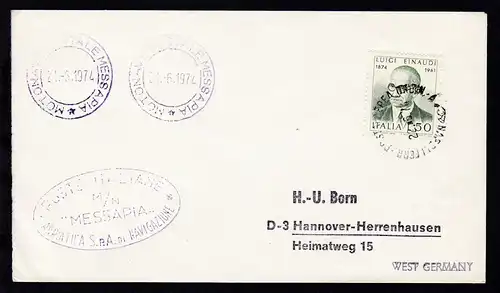 MOTONAVE POSTALE MESSAPIA 21.6.1974 + Ovalstempel