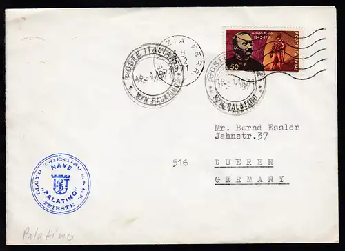 POSTE ITALIANE M/N PALATINO 18.1.1971 + Bordstempel auf Brief