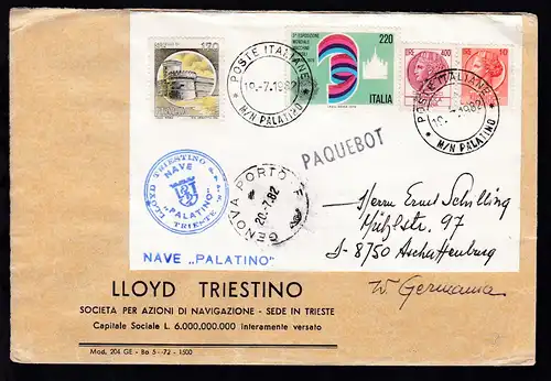 POSTE ITALIANE M/N PALATINO 19.7.1982 + L1 + Bordstempel auf Reedereiumschlag 
