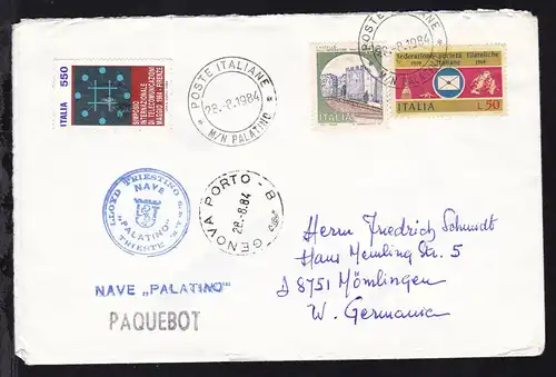 POSTE ITALIANE M/N PALATINO 28.8.1984 + L1 + Bordstempel auf Reedereiumschlag 