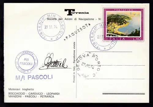 "TIRRENIA" M/N "PASCOLI" 27.11.74 + L1 + Bordstempel auf CAK des Schiffes 