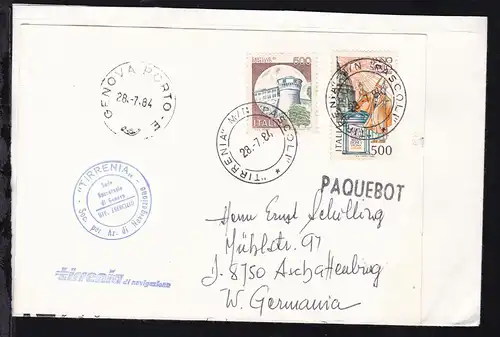 "TIRRENIA" M/N "PASCOLI" 28.7.84 + Reedereistempel auf Brief