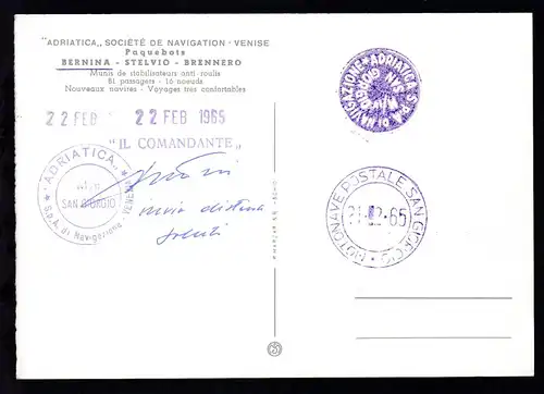 MOTONAVE POSTALE SAN GIORGIO 21.2.65 + Bordstempel + Negativstempel auf CAK