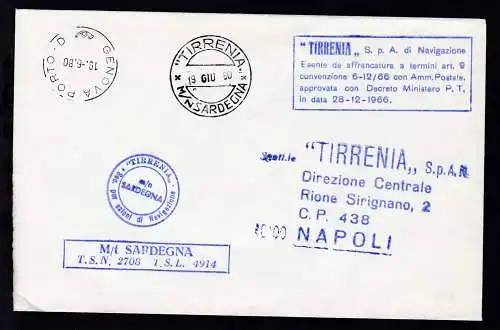 "TIRRENIA" M/N SARDEGNA 19 GIU 80 + R2 + Bordstempel auf Dienstbrief mit 