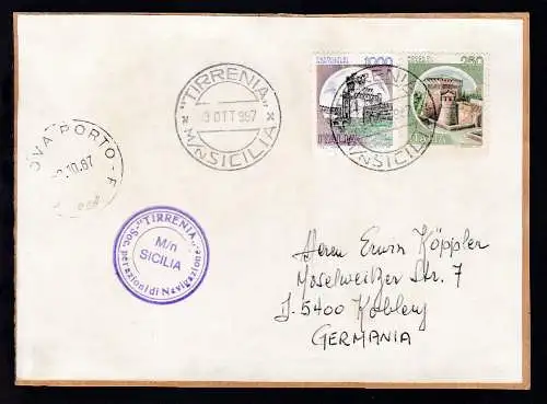 "TIRRENIA" M/N SICILIA 3 OTT 987 + Bordstempel auf Briefvorderseite