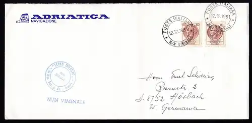 POSTE ITALIANE M/N VIMINALE 12.12.1981 + L1 + Bordstempel auf Reedereiumschlag