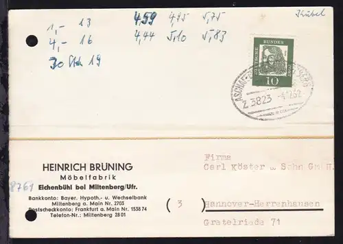 ASCHAFFENBURG-MILTENBERG BAHNPOST Z. 3823 4.12.62 auf Firmenpostkarte 