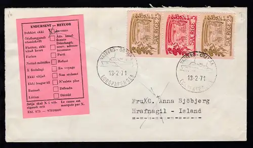 VARBERG-GRENA EUROPAFERGEN 13.2.71 auf Brief mit Retouraufkleber